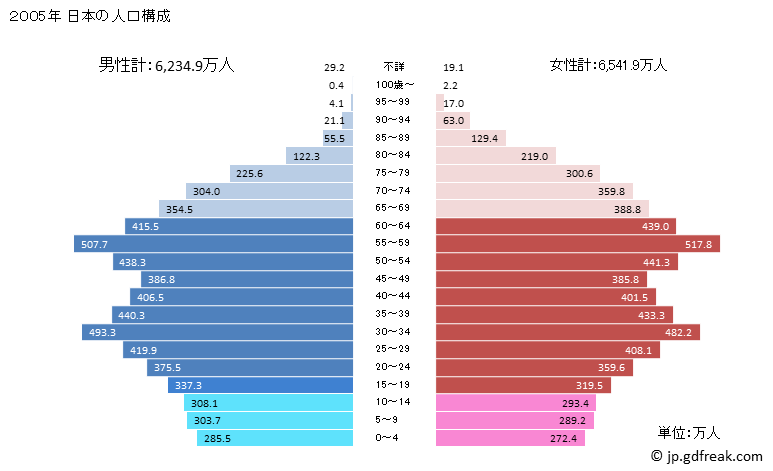 グラフ 日本の人口と世帯 2005年の人口ピラミッド