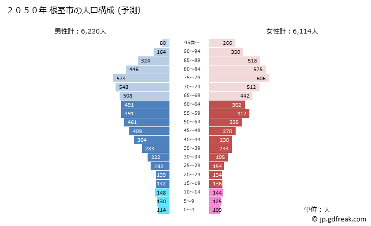 グラフ 根室市(ﾈﾑﾛｼ 北海道)の人口と世帯 2050年の人口ピラミッド（予測）