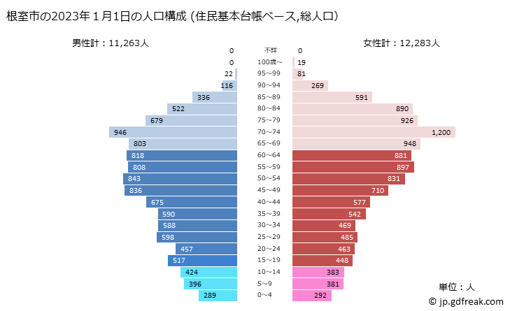 グラフ 根室市(ﾈﾑﾛｼ 北海道)の人口と世帯 2023年の人口ピラミッド（住民基本台帳ベース）