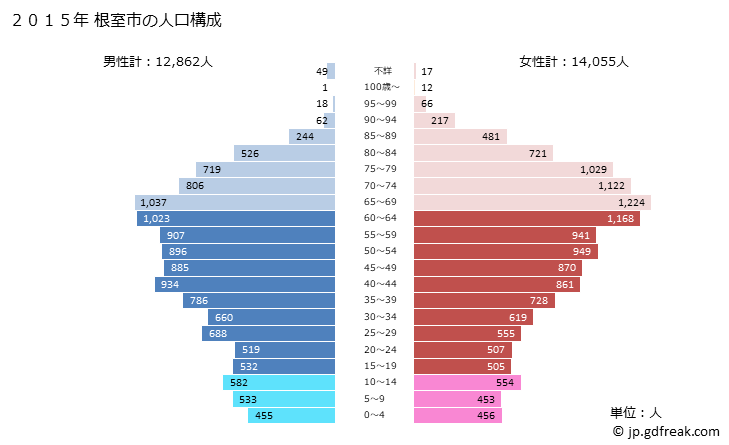 グラフ 根室市(ﾈﾑﾛｼ 北海道)の人口と世帯 2015年の人口ピラミッド