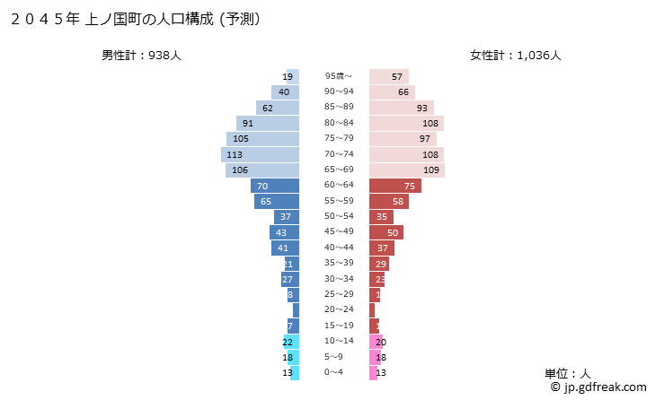 グラフ 上ノ国町(ｶﾐﾉｸﾆﾁｮｳ 北海道)の人口と世帯 2045年の人口ピラミッド（予測）