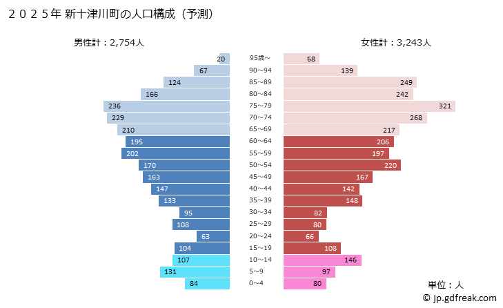 グラフ 新十津川町(ｼﾝﾄﾂｶﾜﾁｮｳ 北海道)の人口と世帯 2025年の人口ピラミッド