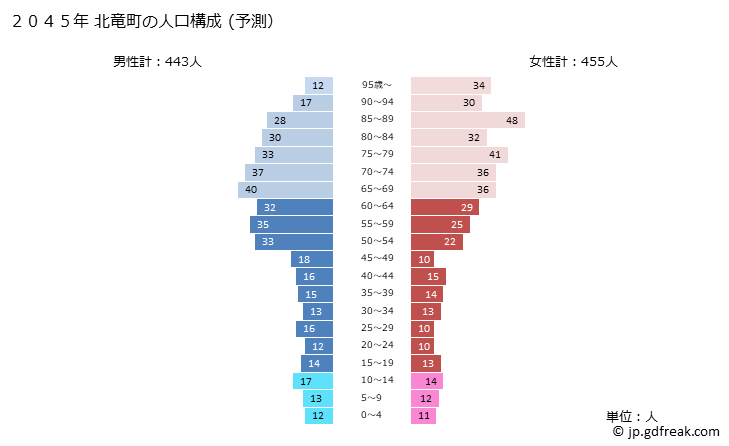 グラフ 北竜町(ﾎｸﾘｭｳﾁｮｳ 北海道)の人口と世帯 2045年の人口ピラミッド（予測）