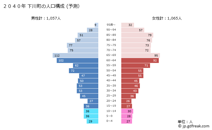 グラフ 下川町(ｼﾓｶﾜﾁｮｳ 北海道)の人口と世帯 2040年の人口ピラミッド（予測）
