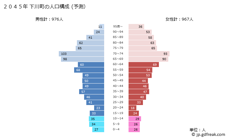 グラフ 下川町(ｼﾓｶﾜﾁｮｳ 北海道)の人口と世帯 2045年の人口ピラミッド（予測）