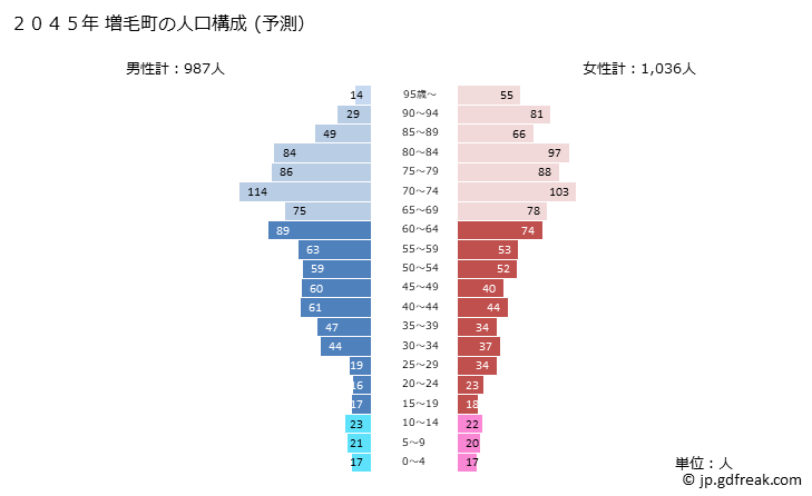 グラフ 増毛町(ﾏｼｹﾁｮｳ 北海道)の人口と世帯 2045年の人口ピラミッド（予測）