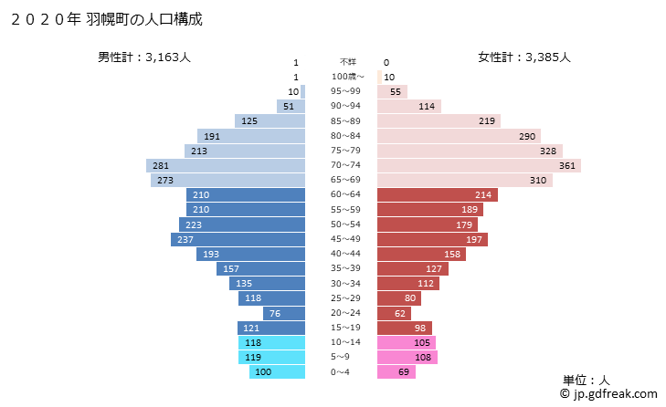 グラフ 羽幌町(ﾊﾎﾞﾛﾁｮｳ 北海道)の人口と世帯 2020年の人口ピラミッド