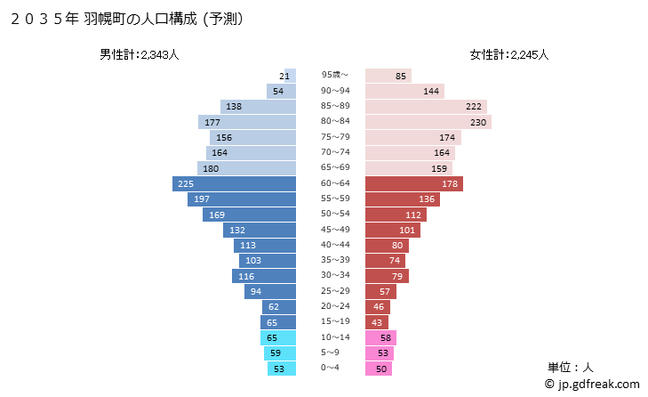 グラフ 羽幌町(ﾊﾎﾞﾛﾁｮｳ 北海道)の人口と世帯 2035年の人口ピラミッド（予測）