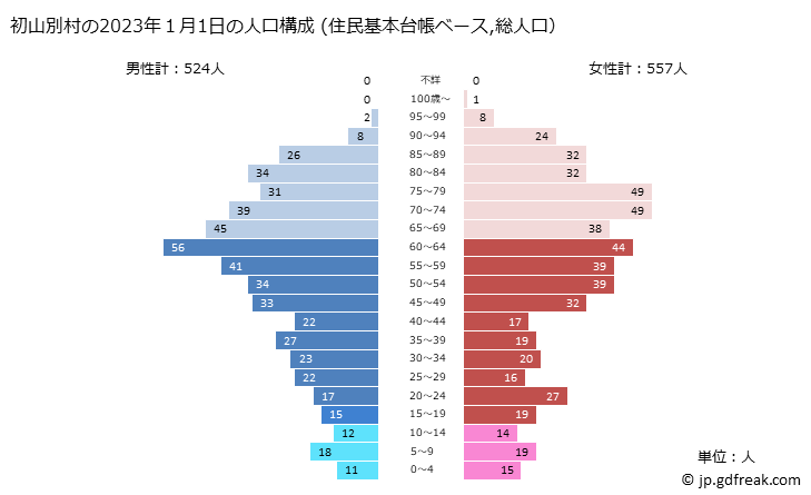 グラフ 初山別村(ｼｮｻﾝﾍﾞﾂﾑﾗ 北海道)の人口と世帯 2023年の人口ピラミッド（住民基本台帳ベース）