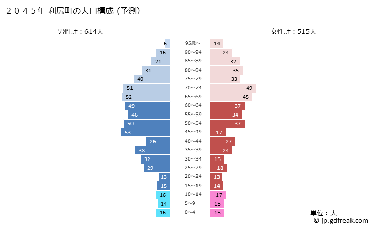 グラフ 利尻町(ﾘｼﾘﾁｮｳ 北海道)の人口と世帯 2045年の人口ピラミッド（予測）