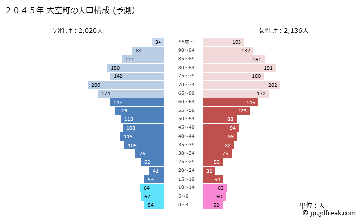 グラフ 大空町(ｵｵｿﾞﾗﾁｮｳ 北海道)の人口と世帯 2045年の人口ピラミッド（予測）