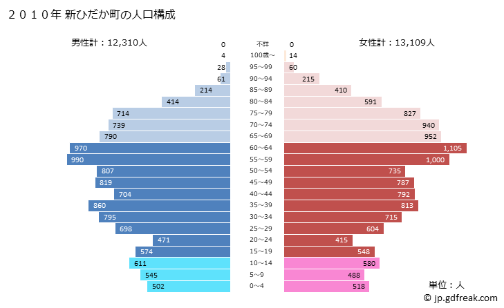 グラフ 新ひだか町(ｼﾝﾋﾀﾞｶﾁｮｳ 北海道)の人口と世帯 2010年の人口ピラミッド