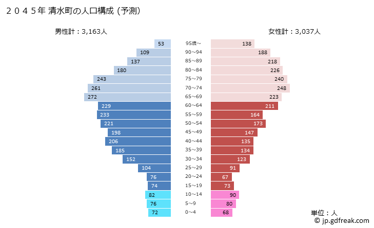 グラフ 清水町(ｼﾐｽﾞﾁｮｳ 北海道)の人口と世帯 2045年の人口ピラミッド（予測）