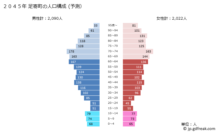 グラフ 足寄町(ｱｼｮﾛﾁｮｳ 北海道)の人口と世帯 2045年の人口ピラミッド（予測）
