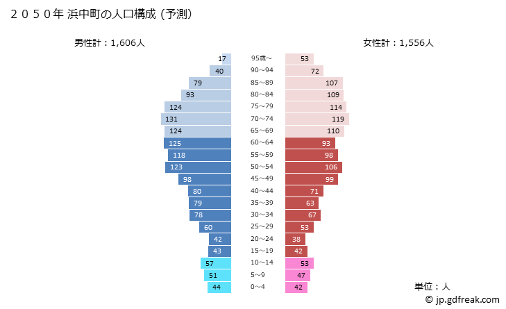 グラフ 浜中町(ﾊﾏﾅｶﾁｮｳ 北海道)の人口と世帯 2050年の人口ピラミッド（予測）
