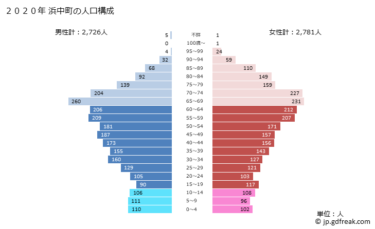 グラフ 浜中町(ﾊﾏﾅｶﾁｮｳ 北海道)の人口と世帯 2020年の人口ピラミッド