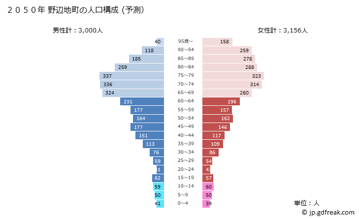 グラフ 野辺地町(ﾉﾍｼﾞﾏﾁ 青森県)の人口と世帯 2050年の人口ピラミッド（予測）