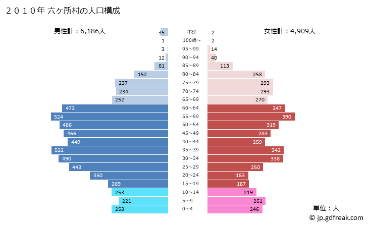 グラフ 六ヶ所村(ﾛｯｶｼｮﾑﾗ 青森県)の人口と世帯 2010年の人口ピラミッド