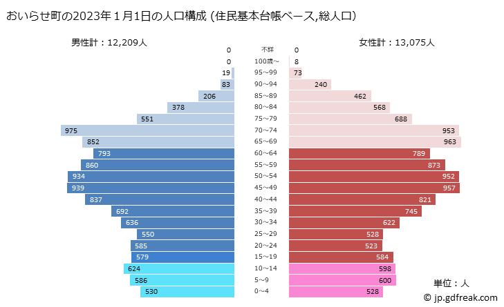 グラフ おいらせ町(ｵｲﾗｾﾁｮｳ 青森県)の人口と世帯 2023年の人口ピラミッド（住民基本台帳ベース）