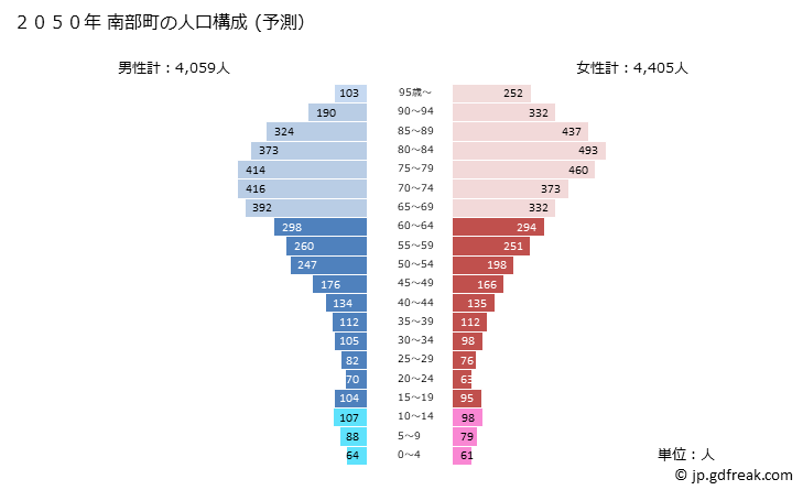 グラフ 南部町(ﾅﾝﾌﾞﾁｮｳ 青森県)の人口と世帯 2050年の人口ピラミッド（予測）