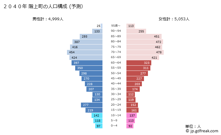グラフ 階上町(ﾊｼｶﾐﾁｮｳ 青森県)の人口と世帯 2040年の人口ピラミッド（予測）