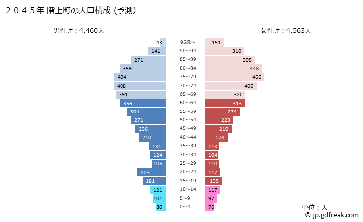 グラフ 階上町(ﾊｼｶﾐﾁｮｳ 青森県)の人口と世帯 2045年の人口ピラミッド（予測）