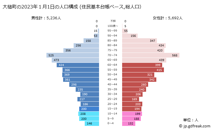 グラフ 大槌町(ｵｵﾂﾁﾁｮｳ 岩手県)の人口と世帯 2023年の人口ピラミッド（住民基本台帳ベース）