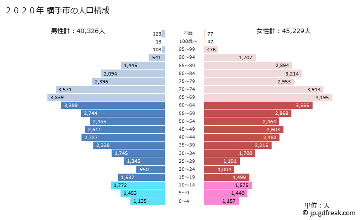 グラフ 横手市(ﾖｺﾃｼ 秋田県)の人口と世帯 2020年の人口ピラミッド
