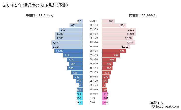 グラフ 湯沢市(ﾕｻﾞﾜｼ 秋田県)の人口と世帯 2045年の人口ピラミッド（予測）