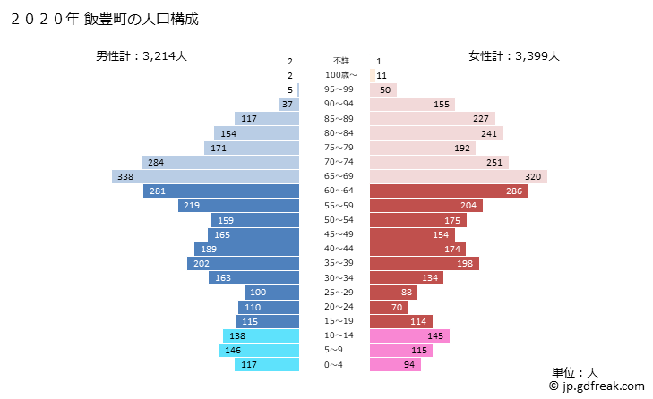 グラフ 飯豊町(ｲｲﾃﾞﾏﾁ 山形県)の人口と世帯 2020年の人口ピラミッド