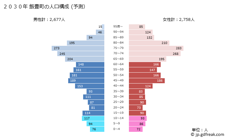 グラフ 飯豊町(ｲｲﾃﾞﾏﾁ 山形県)の人口と世帯 2030年の人口ピラミッド（予測）