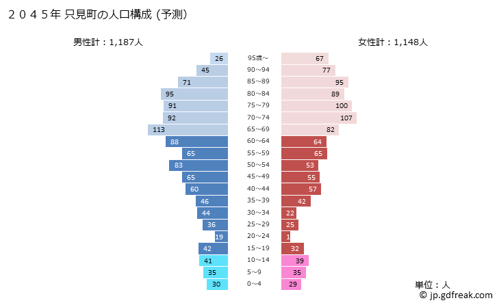 グラフ 只見町(ﾀﾀﾞﾐﾏﾁ 福島県)の人口と世帯 2045年の人口ピラミッド（予測）