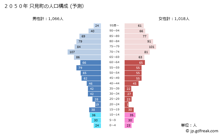 グラフ 只見町(ﾀﾀﾞﾐﾏﾁ 福島県)の人口と世帯 2050年の人口ピラミッド（予測）