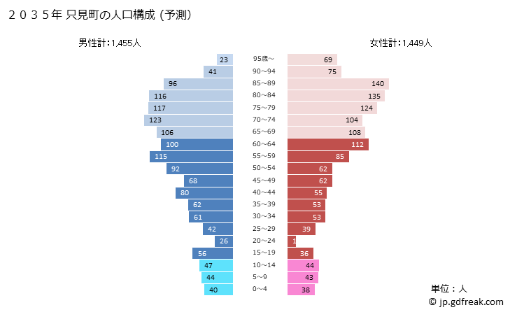 グラフ 只見町(ﾀﾀﾞﾐﾏﾁ 福島県)の人口と世帯 2035年の人口ピラミッド（予測）