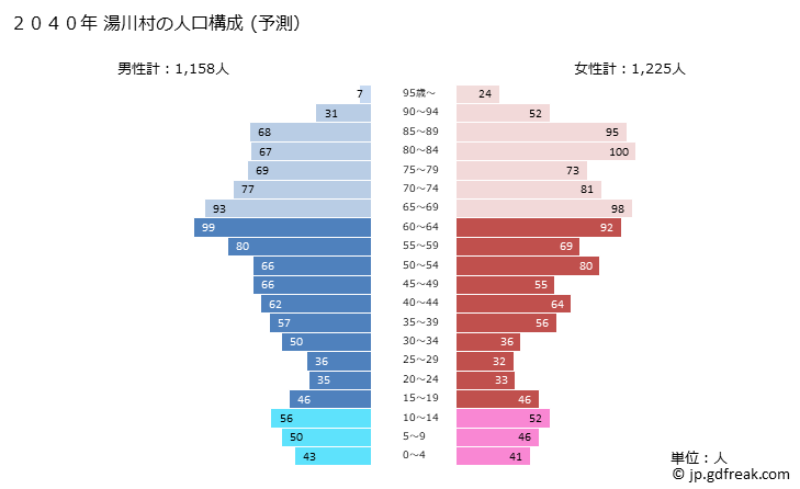 グラフ 湯川村(ﾕｶﾞﾜﾑﾗ 福島県)の人口と世帯 2040年の人口ピラミッド（予測）