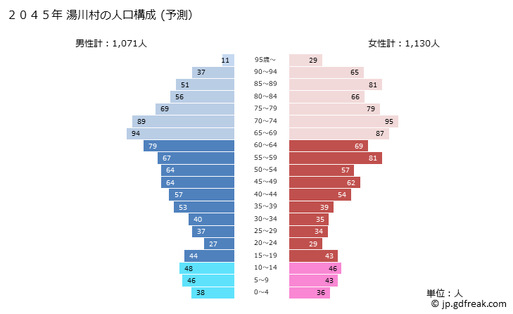 グラフ 湯川村(ﾕｶﾞﾜﾑﾗ 福島県)の人口と世帯 2045年の人口ピラミッド（予測）