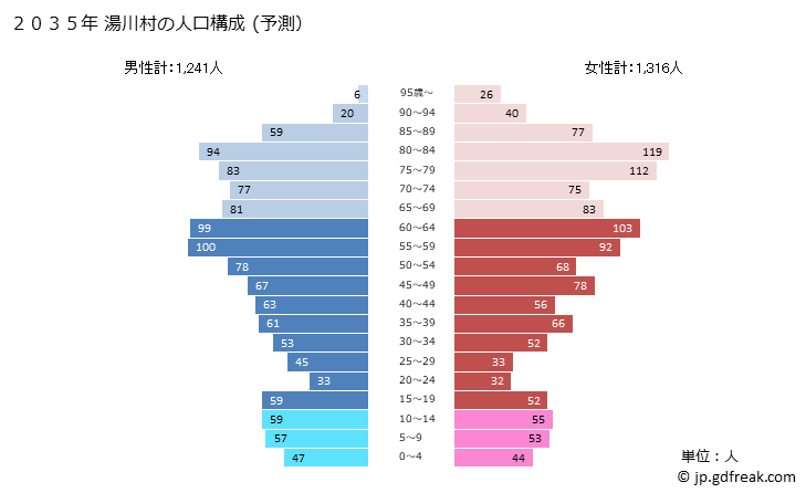 グラフ 湯川村(ﾕｶﾞﾜﾑﾗ 福島県)の人口と世帯 2035年の人口ピラミッド（予測）