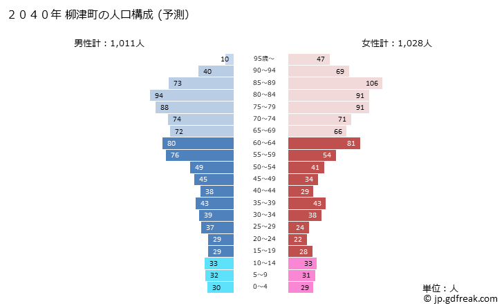 グラフ 柳津町(ﾔﾅｲﾂﾞﾏﾁ 福島県)の人口と世帯 2040年の人口ピラミッド（予測）