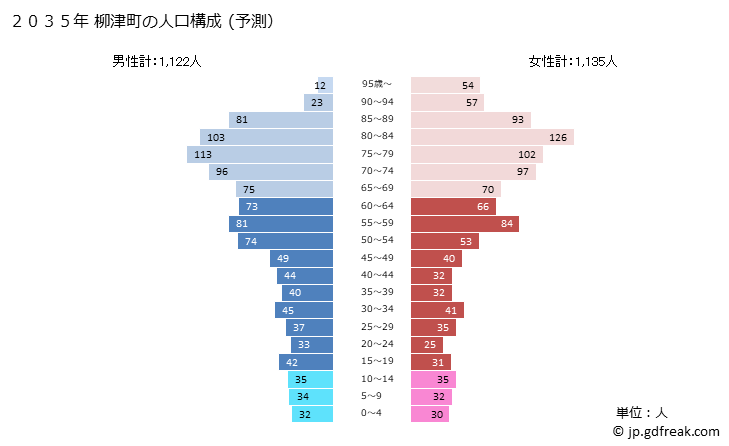 グラフ 柳津町(ﾔﾅｲﾂﾞﾏﾁ 福島県)の人口と世帯 2035年の人口ピラミッド（予測）
