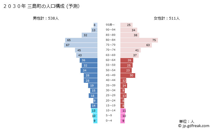 グラフ 三島町(ﾐｼﾏﾏﾁ 福島県)の人口と世帯 2030年の人口ピラミッド（予測）