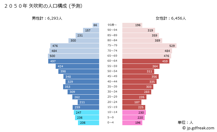 グラフ 矢吹町(ﾔﾌﾞｷﾏﾁ 福島県)の人口と世帯 2050年の人口ピラミッド（予測）