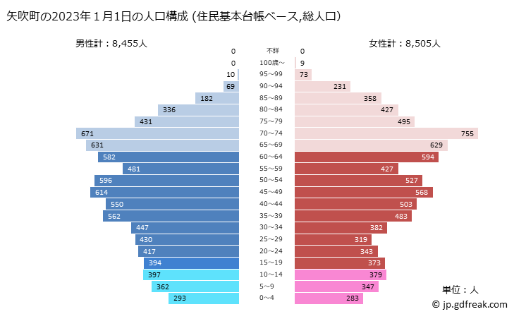 グラフ 矢吹町(ﾔﾌﾞｷﾏﾁ 福島県)の人口と世帯 2023年の人口ピラミッド（住民基本台帳ベース）
