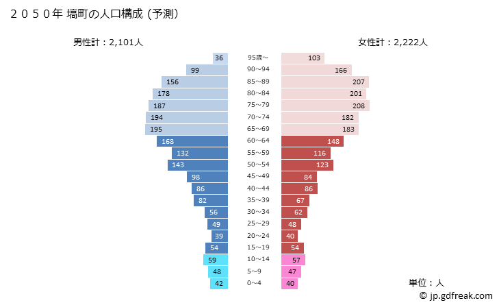 グラフ 塙町(ﾊﾅﾜﾏﾁ 福島県)の人口と世帯 2050年の人口ピラミッド（予測）