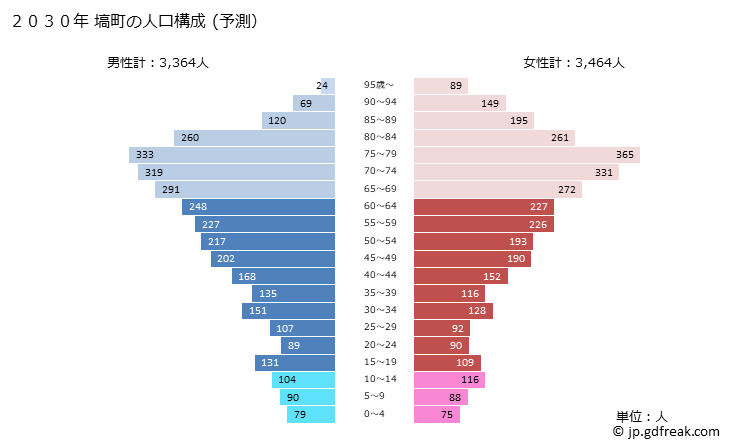 グラフ 塙町(ﾊﾅﾜﾏﾁ 福島県)の人口と世帯 2030年の人口ピラミッド（予測）