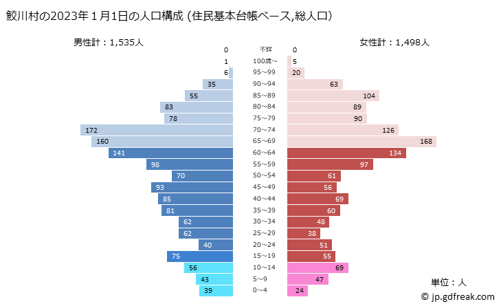 グラフ 鮫川村(ｻﾒｶﾞﾜﾑﾗ 福島県)の人口と世帯 2023年の人口ピラミッド（住民基本台帳ベース）