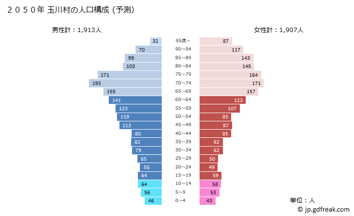 グラフ 玉川村(ﾀﾏｶﾜﾑﾗ 福島県)の人口と世帯 2050年の人口ピラミッド（予測）