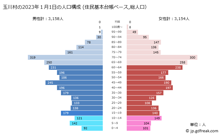 グラフ 玉川村(ﾀﾏｶﾜﾑﾗ 福島県)の人口と世帯 2023年の人口ピラミッド（住民基本台帳ベース）