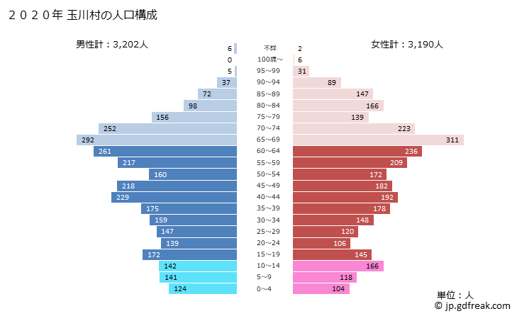 グラフ 玉川村(ﾀﾏｶﾜﾑﾗ 福島県)の人口と世帯 2020年の人口ピラミッド