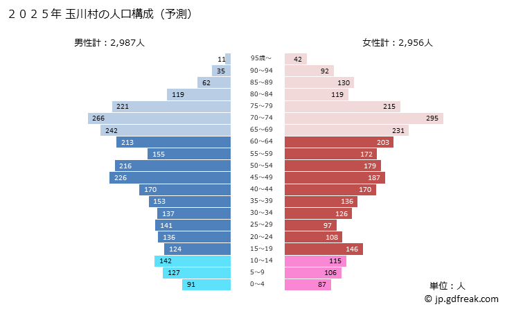 グラフ 玉川村(ﾀﾏｶﾜﾑﾗ 福島県)の人口と世帯 2025年の人口ピラミッド
