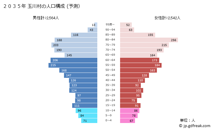 グラフ 玉川村(ﾀﾏｶﾜﾑﾗ 福島県)の人口と世帯 2035年の人口ピラミッド（予測）